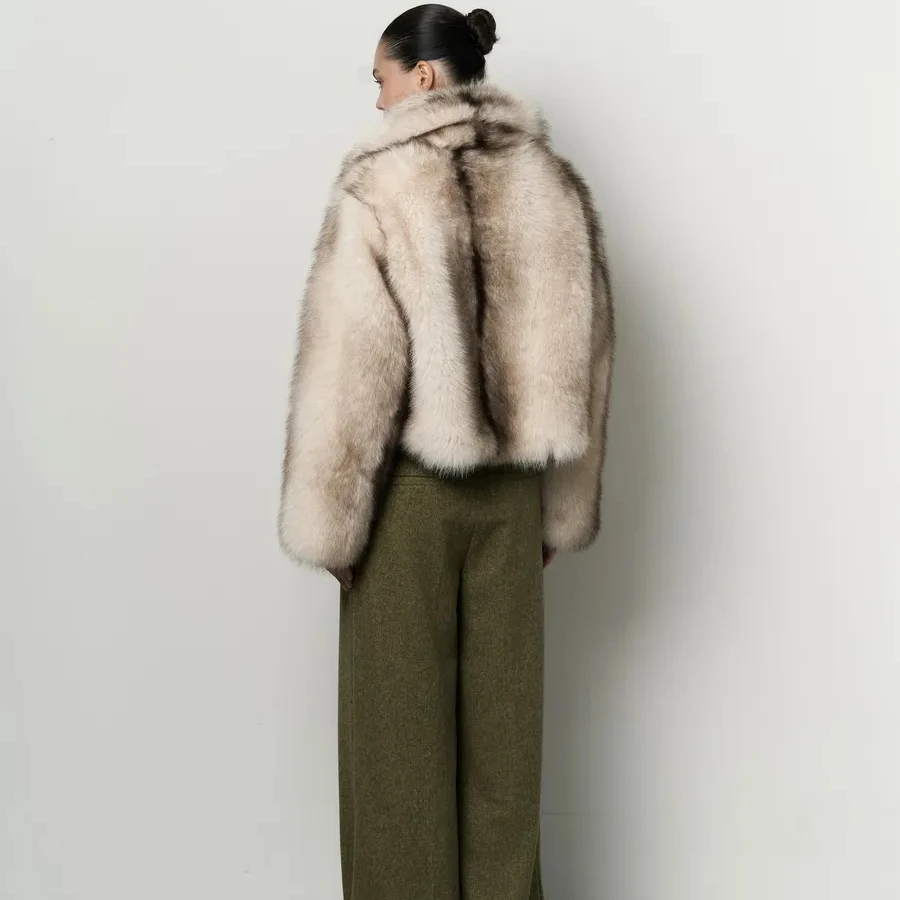 Women Lapel Gradient Faux Fur Cropped Jacket, Loose Long Sleeve Short Coat, Luxury Casual Winter Outerwear Ladies Open Front Fur