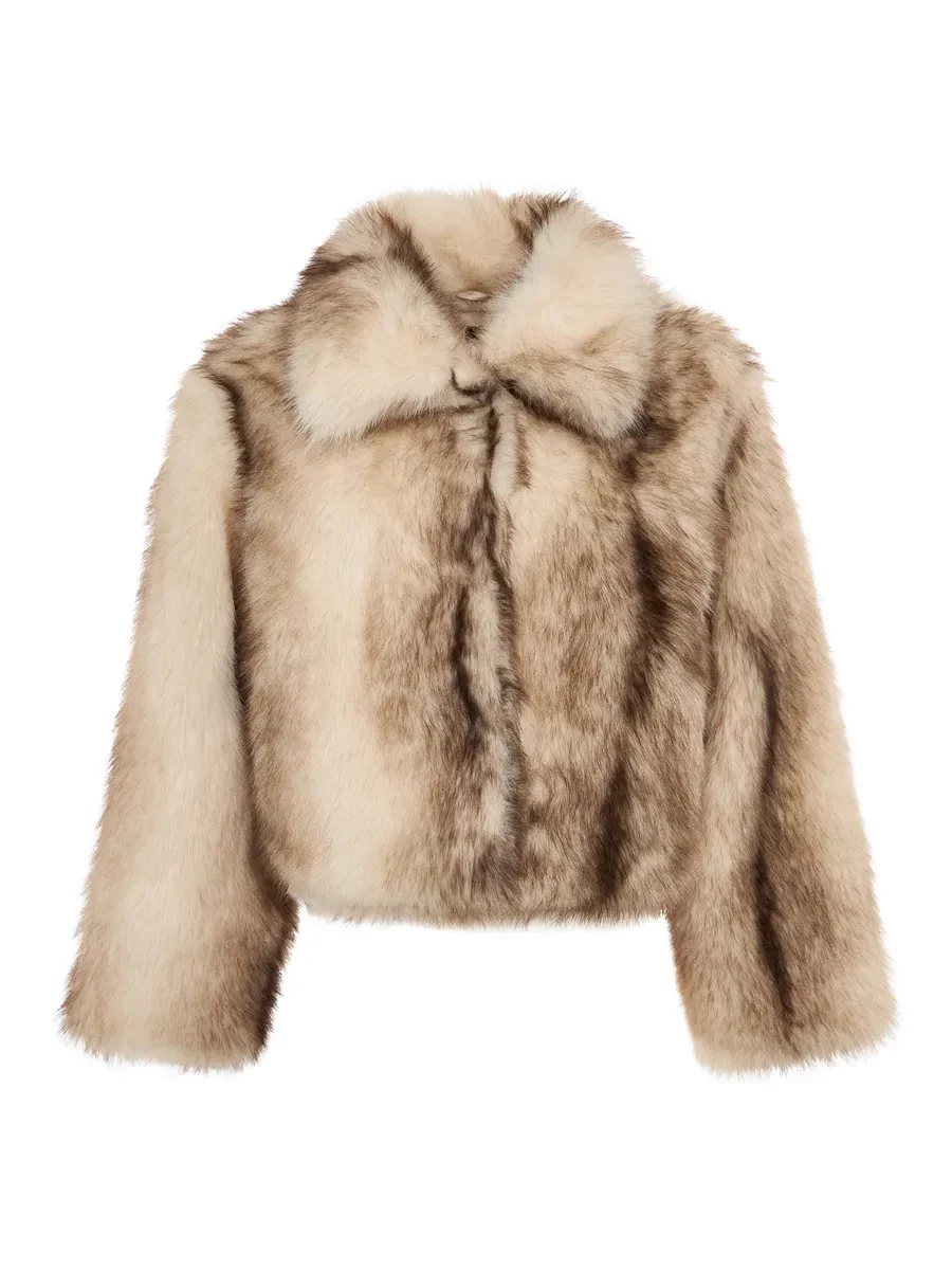 Women Lapel Gradient Faux Fur Cropped Jacket, Loose Long Sleeve Short Coat, Luxury Casual Winter Outerwear Ladies Open Front Fur