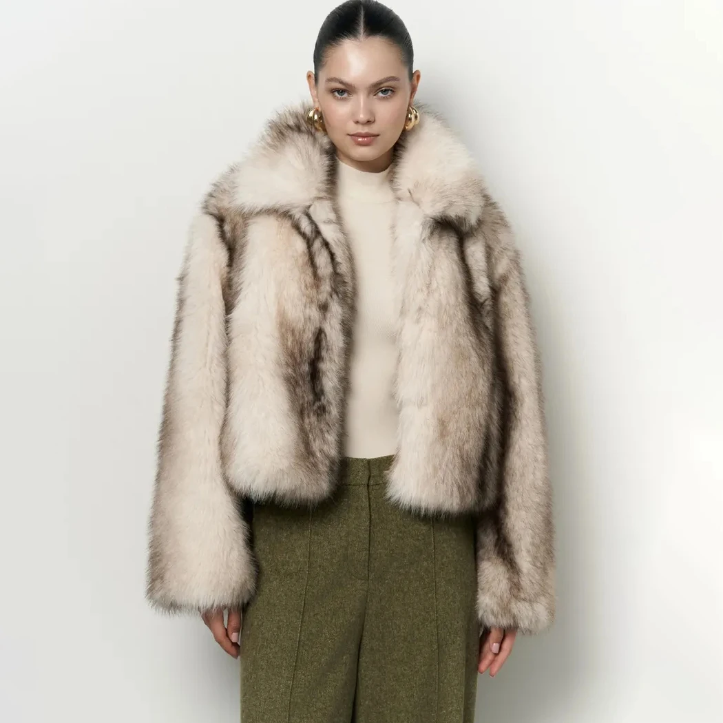 Women Lapel Gradient Faux Fur Cropped Jacket, Loose Long Sleeve Short Coat, Luxury Casual Winter Outerwear Ladies Open Front Fur