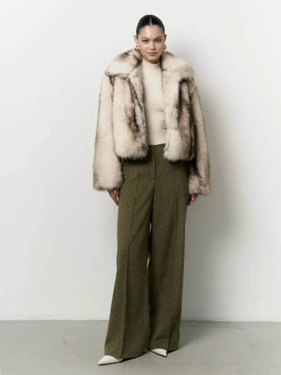 Women Lapel Gradient Faux Fur Cropped Jacket, Loose Long Sleeve Short Coat, Luxury Casual Winter Outerwear Ladies Open Front Fur