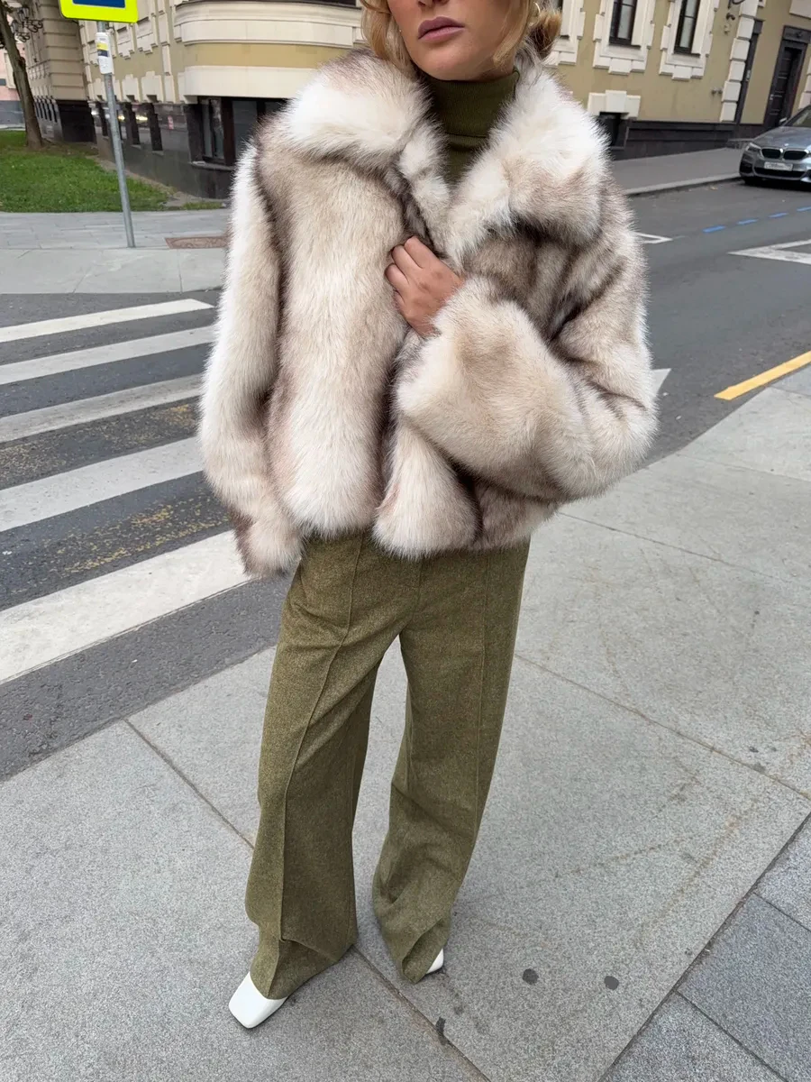 Women Lapel Gradient Faux Fur Cropped Jacket, Loose Long Sleeve Short Coat, Luxury Casual Winter Outerwear Ladies Open Front Fur