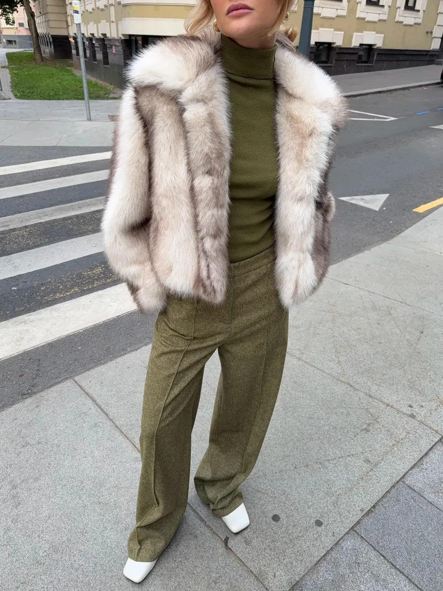 Women Lapel Gradient Faux Fur Cropped Jacket, Loose Long Sleeve Short Coat, Luxury Casual Winter Outerwear Ladies Open Front Fur