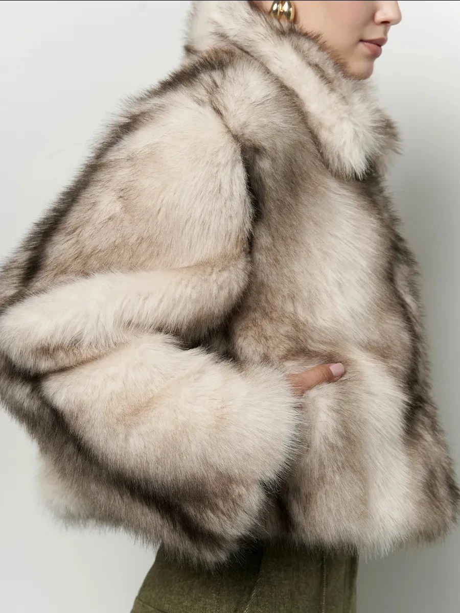 Women Lapel Gradient Faux Fur Cropped Jacket, Loose Long Sleeve Short Coat, Luxury Casual Winter Outerwear Ladies Open Front Fur