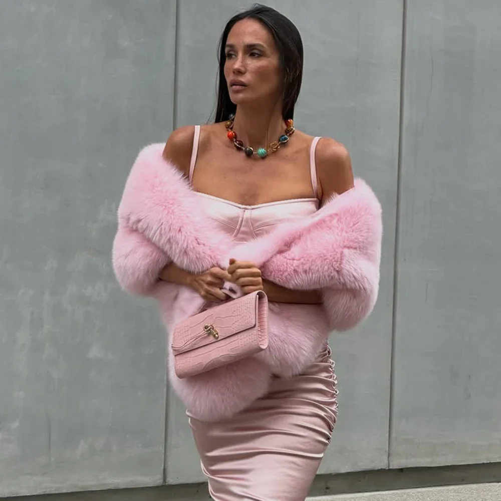 Talenza Pink Faux Fur Shawl Fashion Autumn Warm Streetwear Fuzzy Patchwork Faux Fur Shawl Elegant Casual Women's Cape Outwear