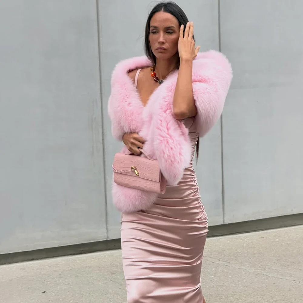 Talenza Pink Faux Fur Shawl Fashion Autumn Warm Streetwear Fuzzy Patchwork Faux Fur Shawl Elegant Casual Women's Cape Outwear