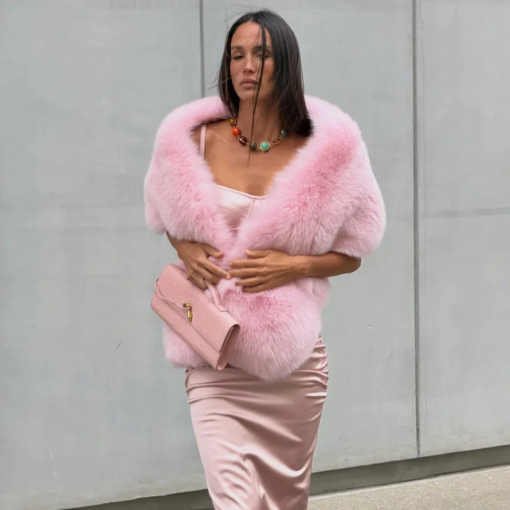 Talenza Pink Faux Fur Shawl Fashion Autumn Warm Streetwear Fuzzy Patchwork Faux Fur Shawl Elegant Casual Women's Cape Outwear