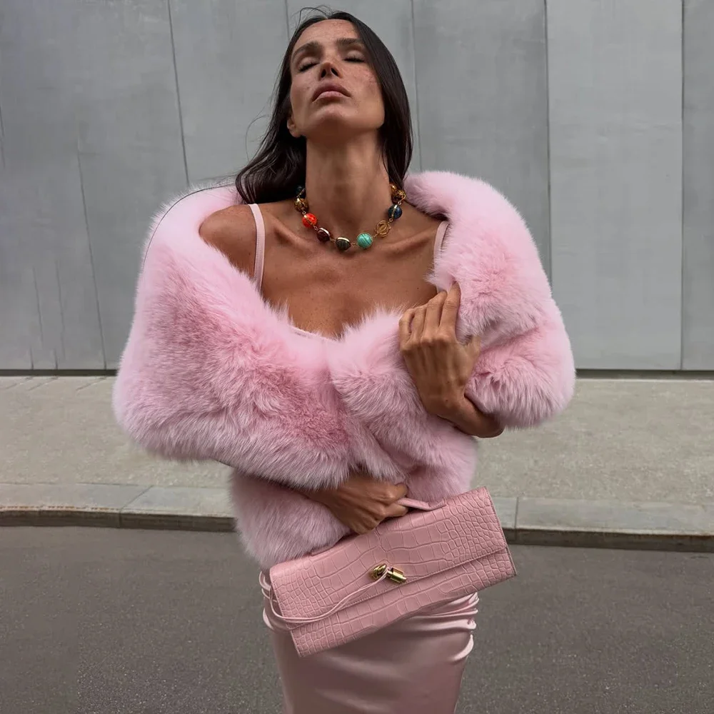 Talenza Pink Faux Fur Shawl Fashion Autumn Warm Streetwear Fuzzy Patchwork Faux Fur Shawl Elegant Casual Women's Cape Outwear