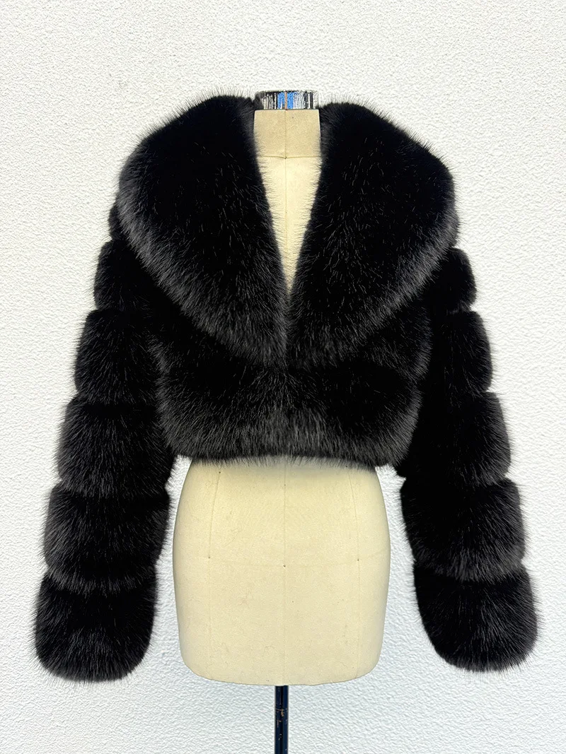 Luxury Faux Fox Fur Cropped Coat for Women Winter Elegant Long Sleeve Fluffy Plush Jackets Female Solid Color Warm Fur Outerwear
