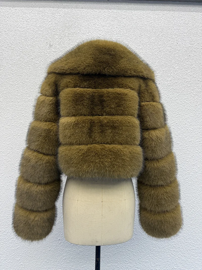 Luxury Faux Fox Fur Cropped Coat for Women Winter Elegant Long Sleeve Fluffy Plush Jackets Female Solid Color Warm Fur Outerwear