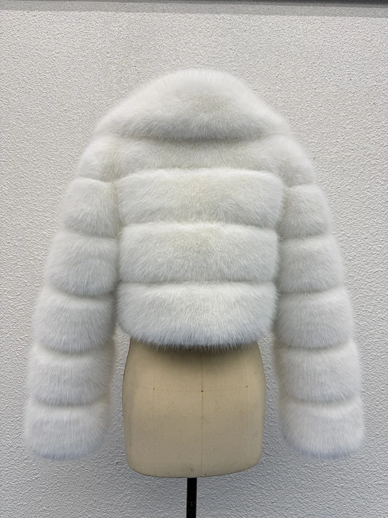 Luxury Faux Fox Fur Cropped Coat for Women Winter Elegant Long Sleeve Fluffy Plush Jackets Female Solid Color Warm Fur Outerwear