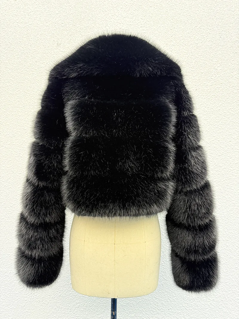 Luxury Faux Fox Fur Cropped Coat for Women Winter Elegant Long Sleeve Fluffy Plush Jackets Female Solid Color Warm Fur Outerwear