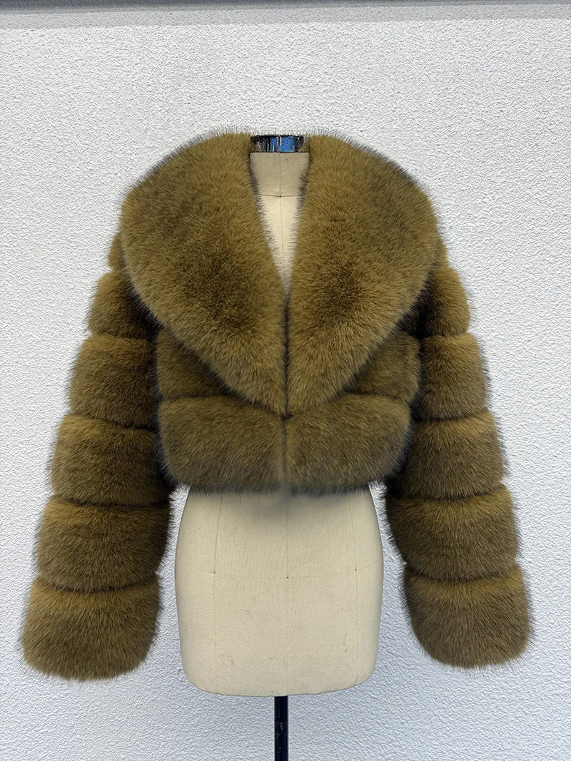 Luxury Faux Fox Fur Cropped Coat for Women Winter Elegant Long Sleeve Fluffy Plush Jackets Female Solid Color Warm Fur Outerwear