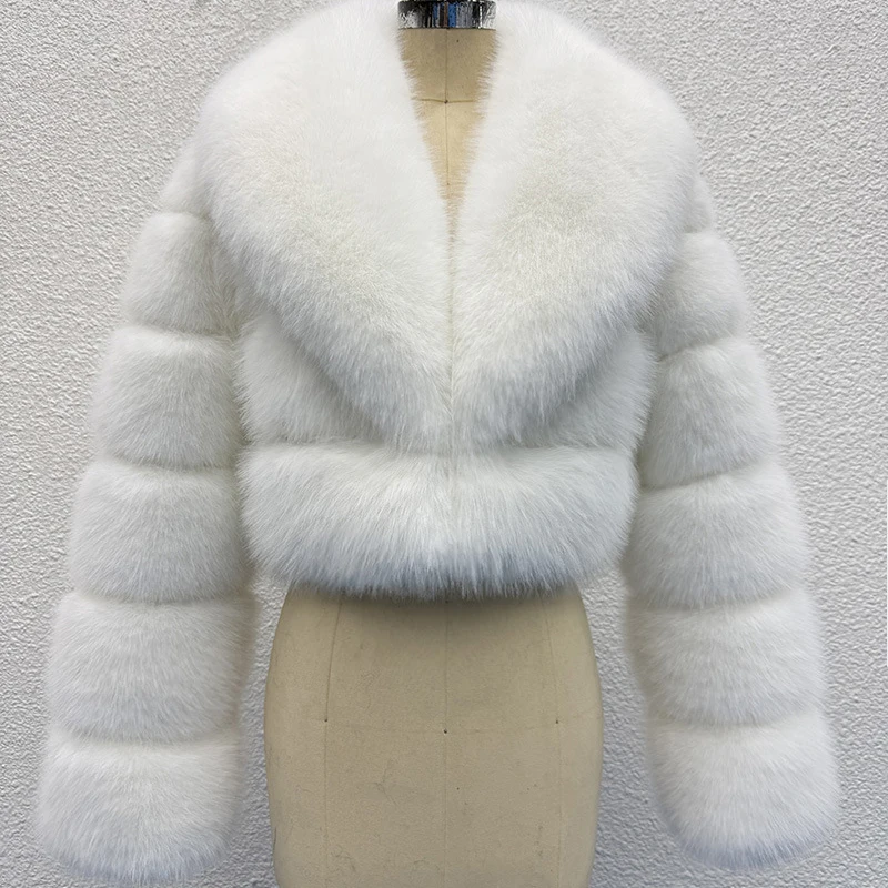 Luxury Faux Fox Fur Cropped Coat for Women Winter Elegant Long Sleeve Fluffy Plush Jackets Female Solid Color Warm Fur Outerwear