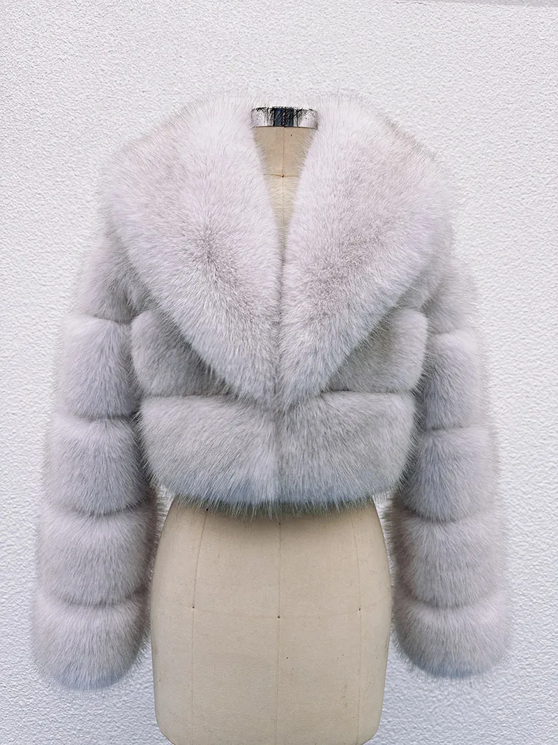 Luxury Faux Fox Fur Cropped Coat for Women Winter Elegant Long Sleeve Fluffy Plush Jackets Female Solid Color Warm Fur Outerwear