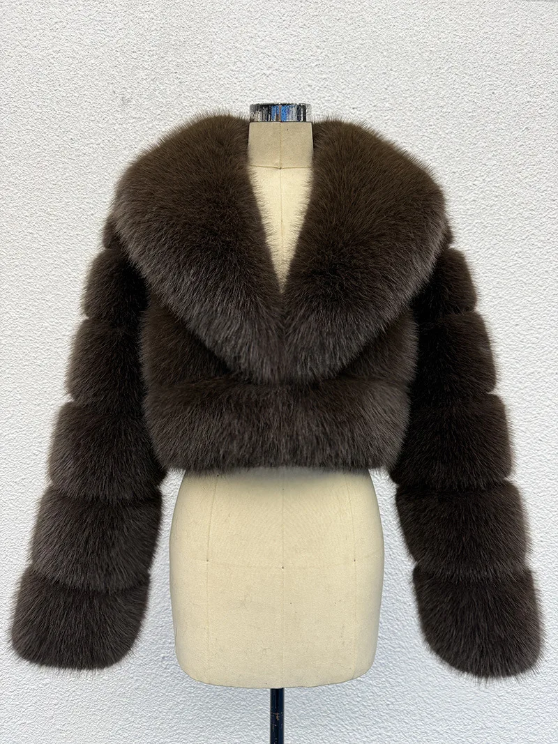 Luxury Faux Fox Fur Cropped Coat for Women Winter Elegant Long Sleeve Fluffy Plush Jackets Female Solid Color Warm Fur Outerwear