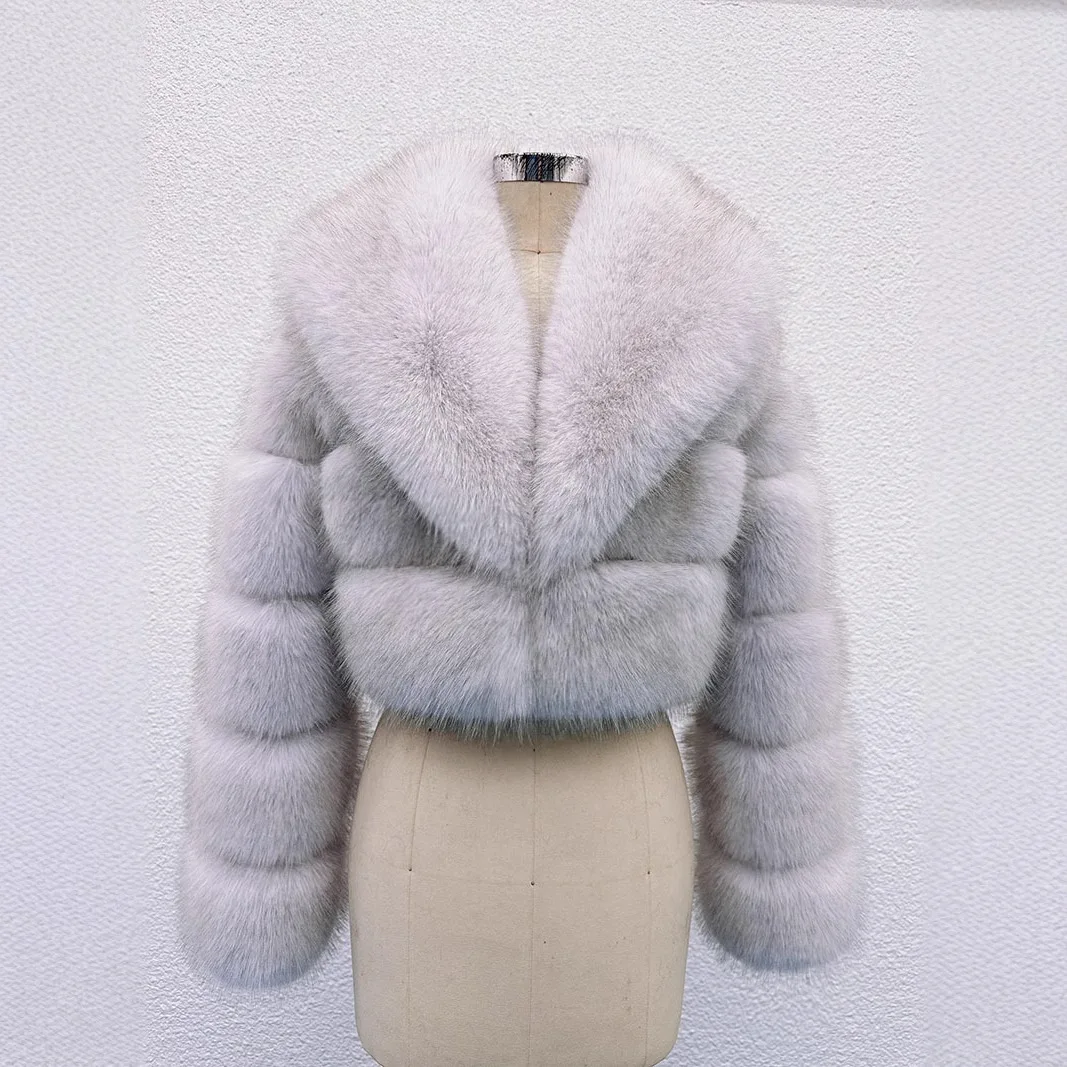 Luxury Faux Fox Fur Cropped Coat for Women Winter Elegant Long Sleeve Fluffy Plush Jackets Female Solid Color Warm Fur Outerwear