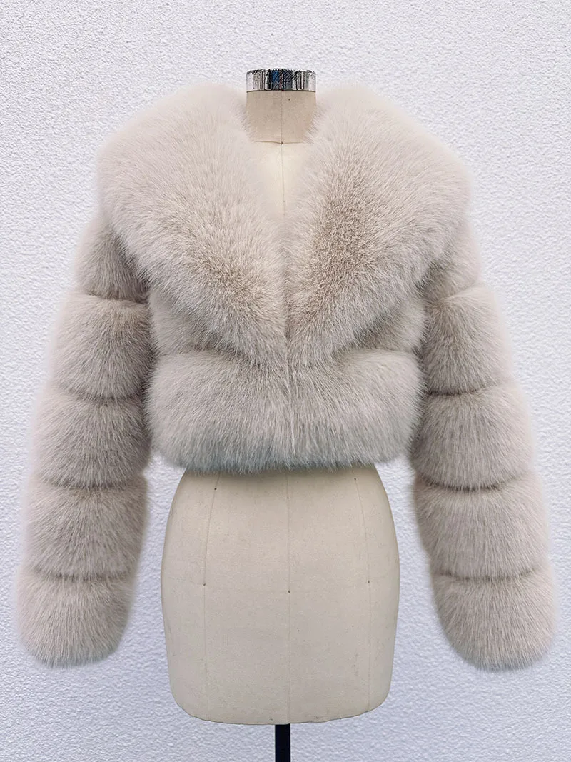 Luxury Faux Fox Fur Cropped Coat for Women Winter Elegant Long Sleeve Fluffy Plush Jackets Female Solid Color Warm Fur Outerwear