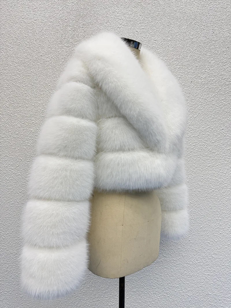 Luxury Faux Fox Fur Cropped Coat for Women Winter Elegant Long Sleeve Fluffy Plush Jackets Female Solid Color Warm Fur Outerwear