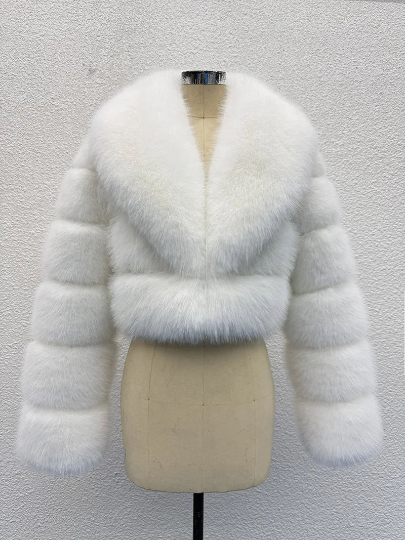 Luxury Faux Fox Fur Cropped Coat for Women Winter Elegant Long Sleeve Fluffy Plush Jackets Female Solid Color Warm Fur Outerwear