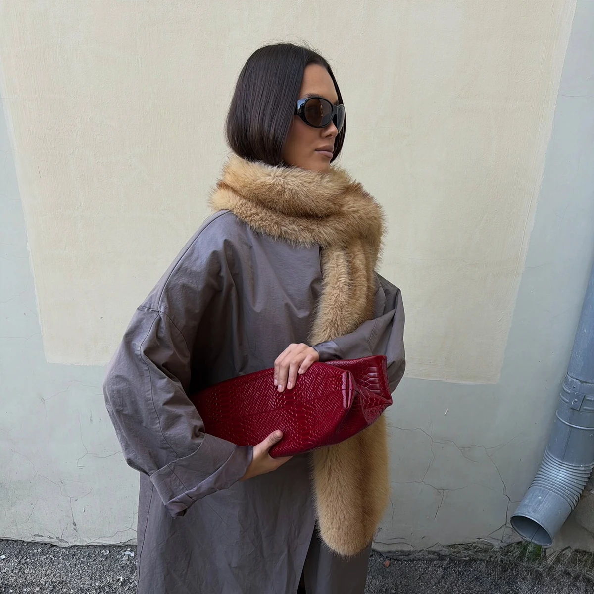Women's Long Fluffy Faux Fur Scarf Shawl Plush Camel Winter Warm Neck Warmer Elegant Luxe Chic Outerwear