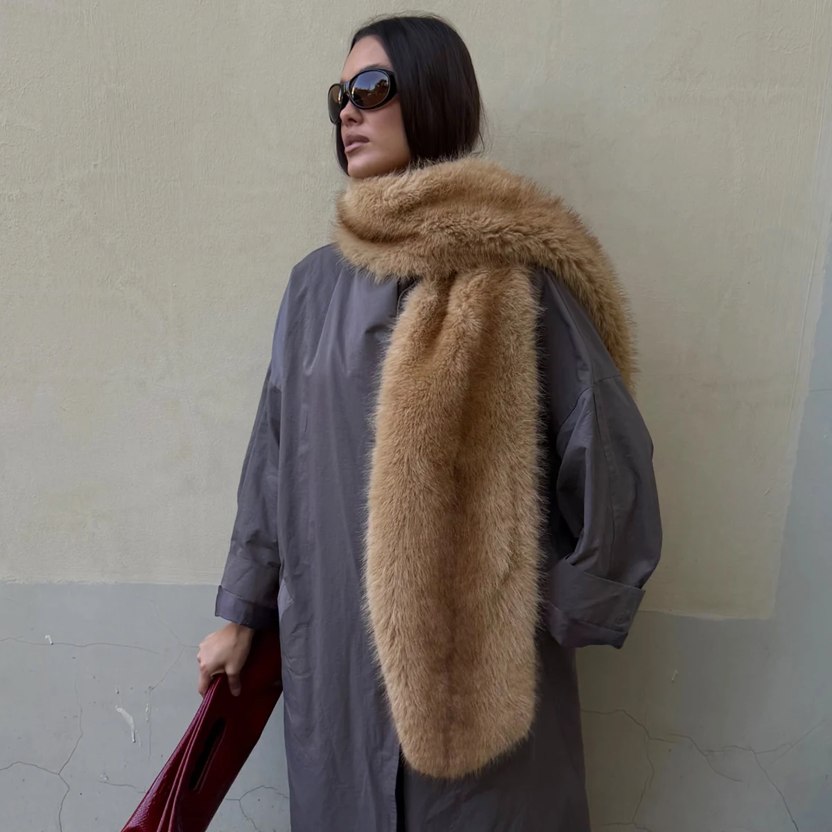 Women's Long Fluffy Faux Fur Scarf Shawl Plush Camel Winter Warm Neck Warmer Elegant Luxe Chic Outerwear