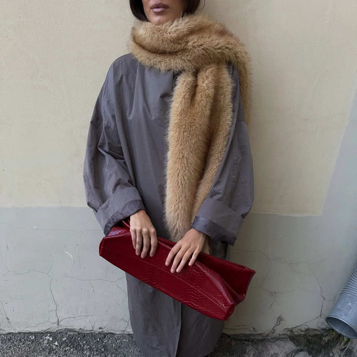 Women's Long Fluffy Faux Fur Scarf Shawl Plush Camel Winter Warm Neck Warmer Elegant Luxe Chic Outerwear