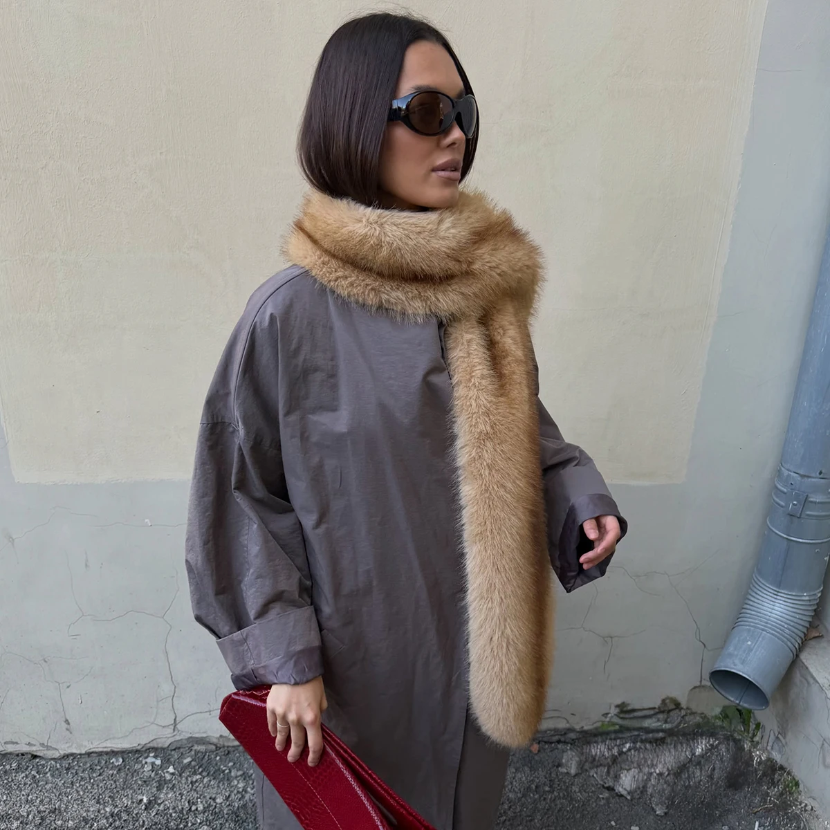 Women's Long Fluffy Faux Fur Scarf Shawl Plush Camel Winter Warm Neck Warmer Elegant Luxe Chic Outerwear