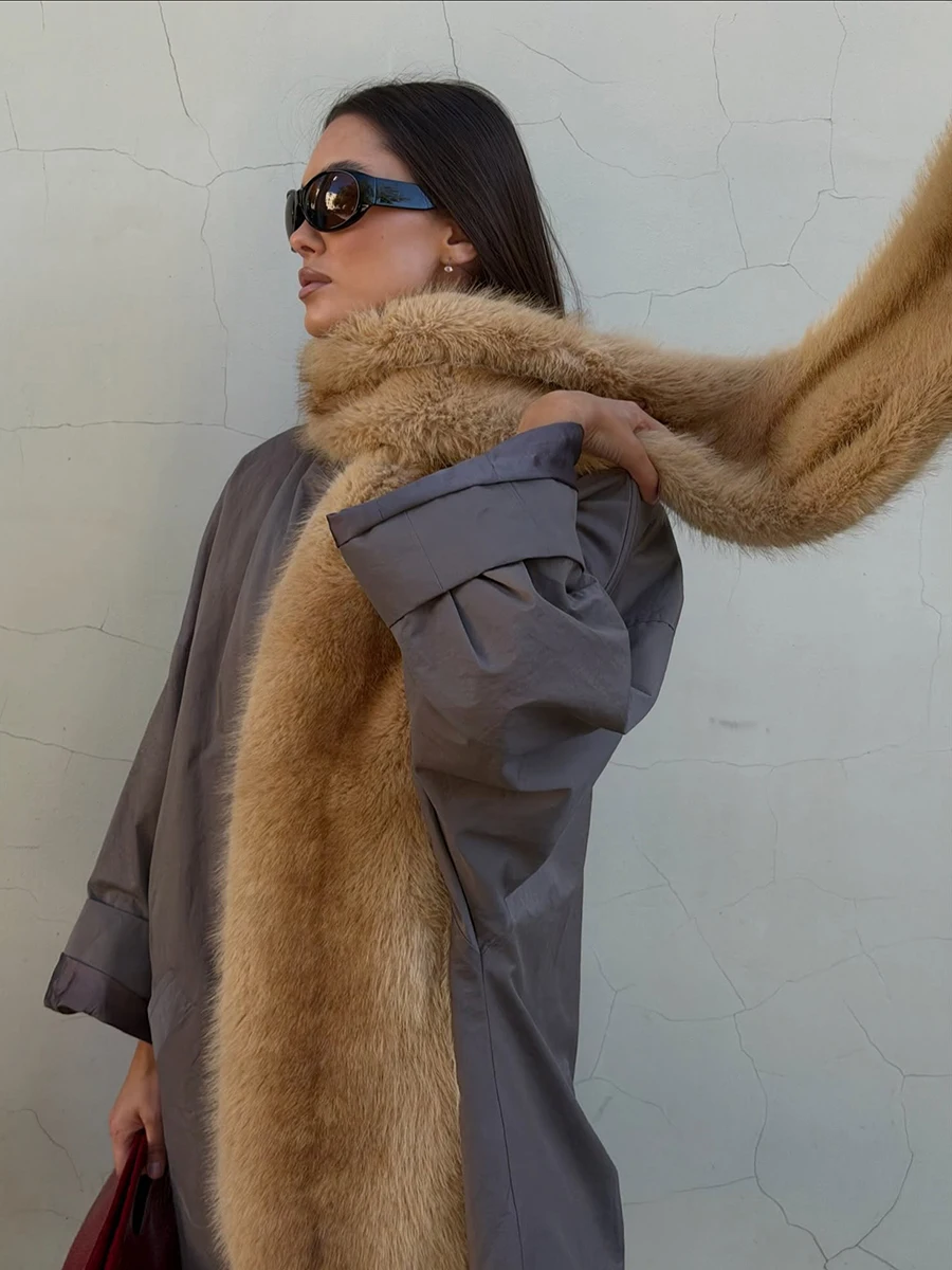 Women's Long Fluffy Faux Fur Scarf Shawl Plush Camel Winter Warm Neck Warmer Elegant Luxe Chic Outerwear