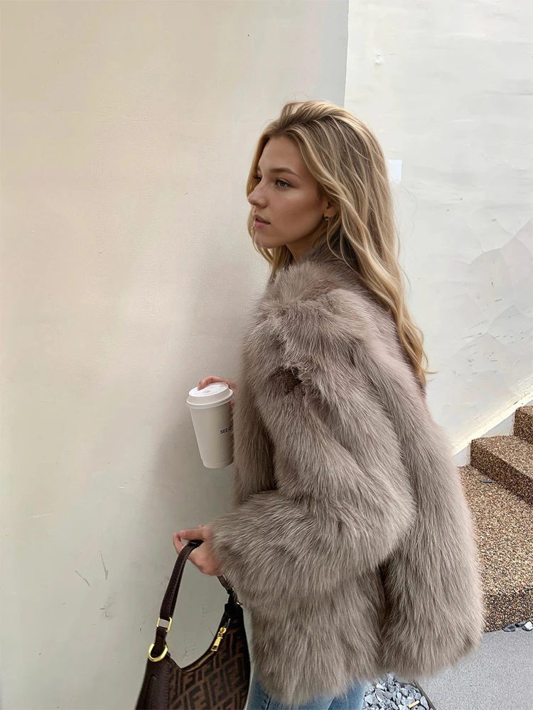 Women Beige Fluffy Faux Fur Jacket Long Sleeve Open Front Warm Cozy Coat Fall Winter Party Daily Streetwear Trendy Outerwear New