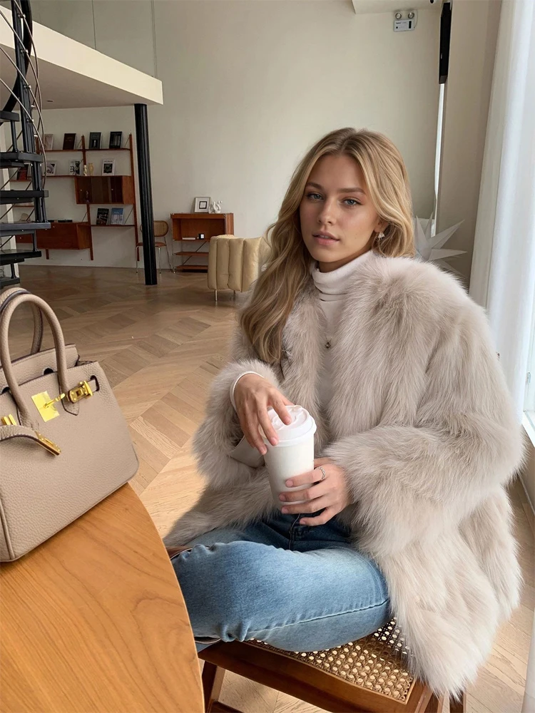 Women Beige Fluffy Faux Fur Jacket Long Sleeve Open Front Warm Cozy Coat Fall Winter Party Daily Streetwear Trendy Outerwear New