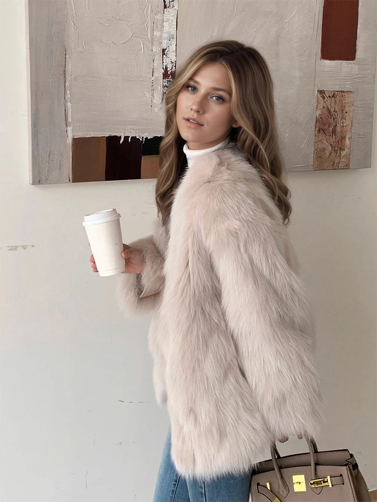 Women Beige Fluffy Faux Fur Jacket Long Sleeve Open Front Warm Cozy Coat Fall Winter Party Daily Streetwear Trendy Outerwear New