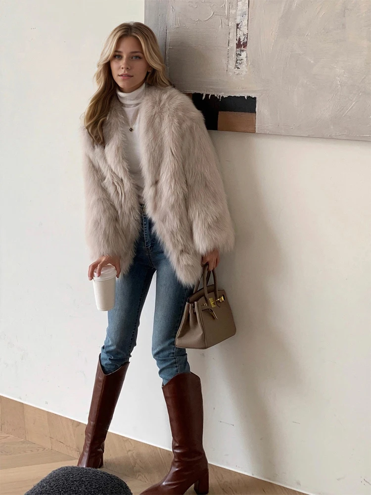 Women Beige Fluffy Faux Fur Jacket Long Sleeve Open Front Warm Cozy Coat Fall Winter Party Daily Streetwear Trendy Outerwear New