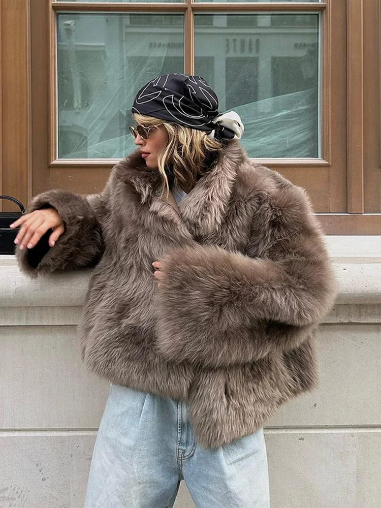 Women Chic Loose Furry Fur Coat Stand-up Collar Solid Color Full Sleeves Keep Warm Thick Coats 2025 New Fashion Daily Outerwear