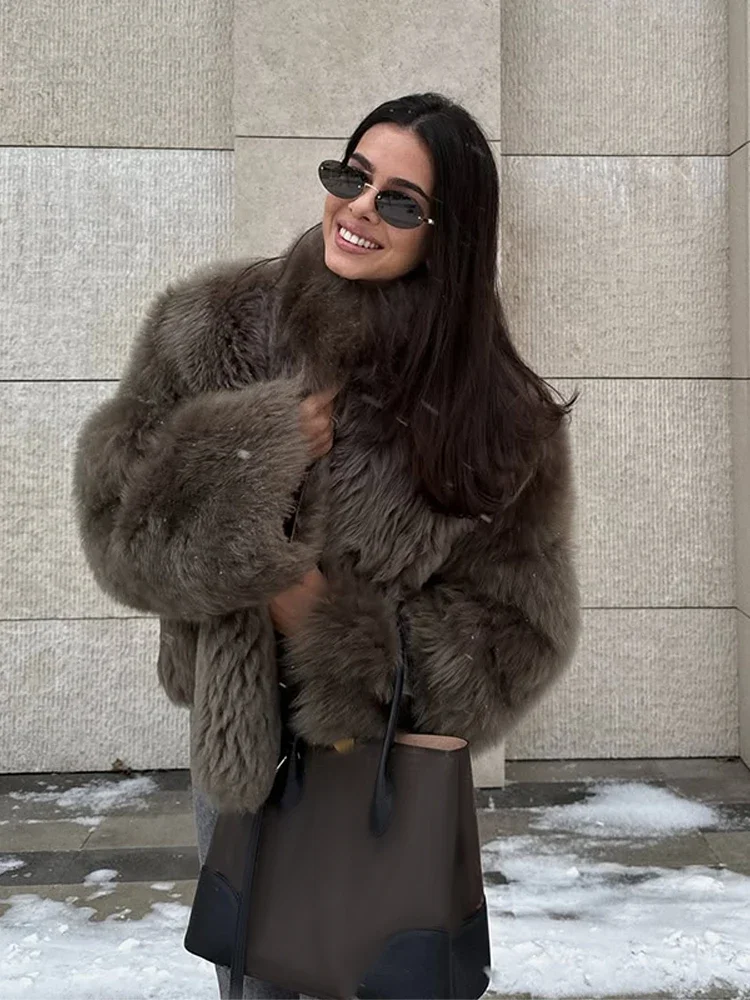 Women Chic Loose Furry Fur Coat Stand-up Collar Solid Color Full Sleeves Keep Warm Thick Coats 2025 New Fashion Daily Outerwear