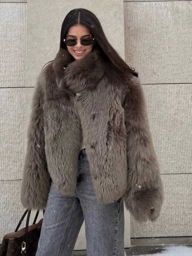 Women Chic Loose Furry Fur Coat Stand-up Collar Solid Color Full Sleeves Keep Warm Thick Coats 2025 New Fashion Daily Outerwear