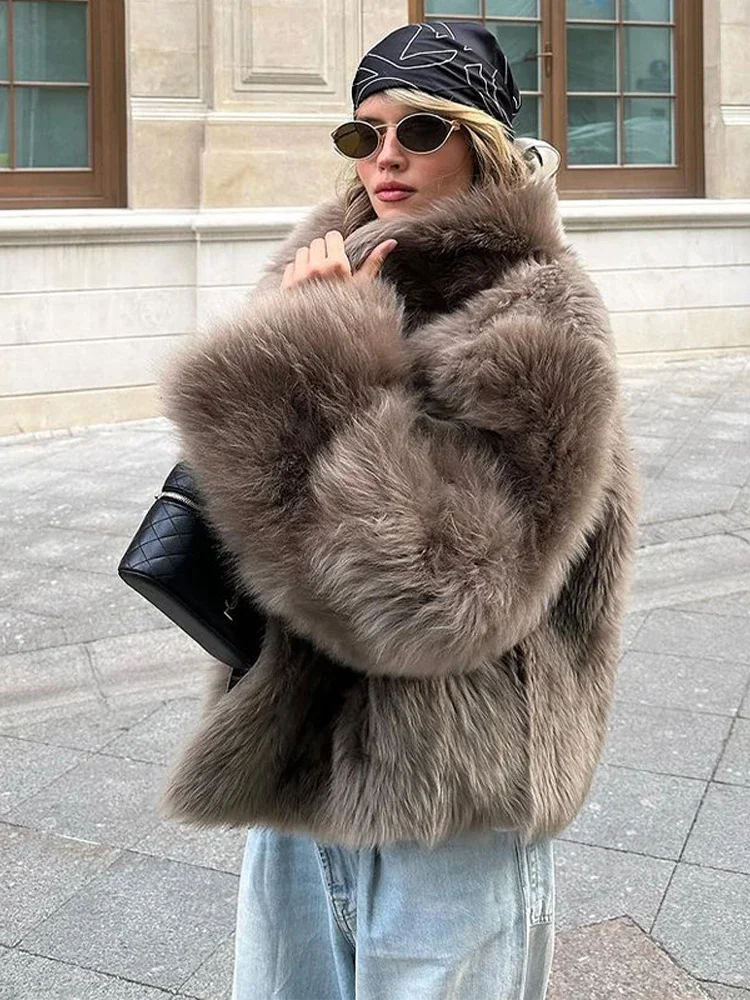 Women Chic Loose Furry Fur Coat Stand-up Collar Solid Color Full Sleeves Keep Warm Thick Coats 2025 New Fashion Daily Outerwear
