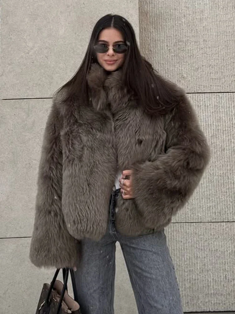 Women Chic Loose Furry Fur Coat Stand-up Collar Solid Color Full Sleeves Keep Warm Thick Coats 2025 New Fashion Daily Outerwear