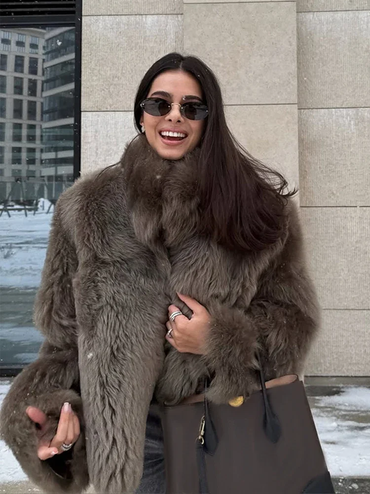 Women Chic Loose Furry Fur Coat Stand-up Collar Solid Color Full Sleeves Keep Warm Thick Coats 2025 New Fashion Daily Outerwear