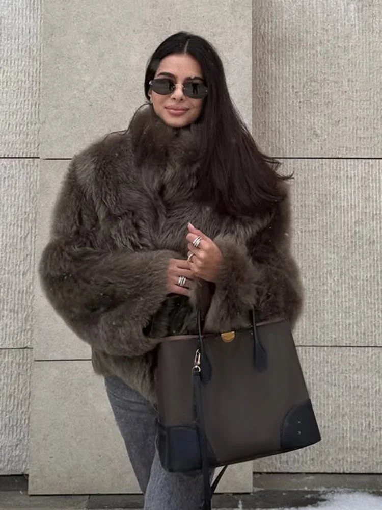 Women Chic Loose Furry Fur Coat Stand-up Collar Solid Color Full Sleeves Keep Warm Thick Coats 2025 New Fashion Daily Outerwear