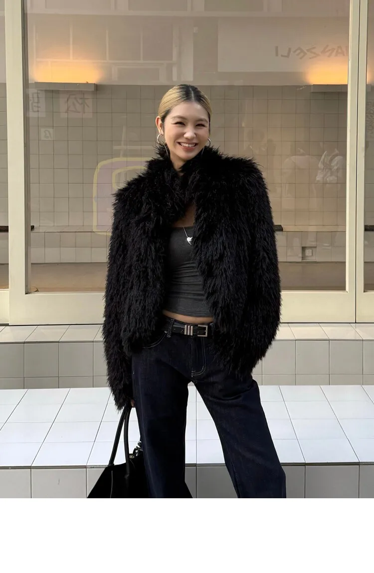 Winter Women Black Hairy Curly Faux Sheep Fur Coat Lapel Collar Long Sleeve Straight Short Warm Shaggy Jacket Korea Outerwear