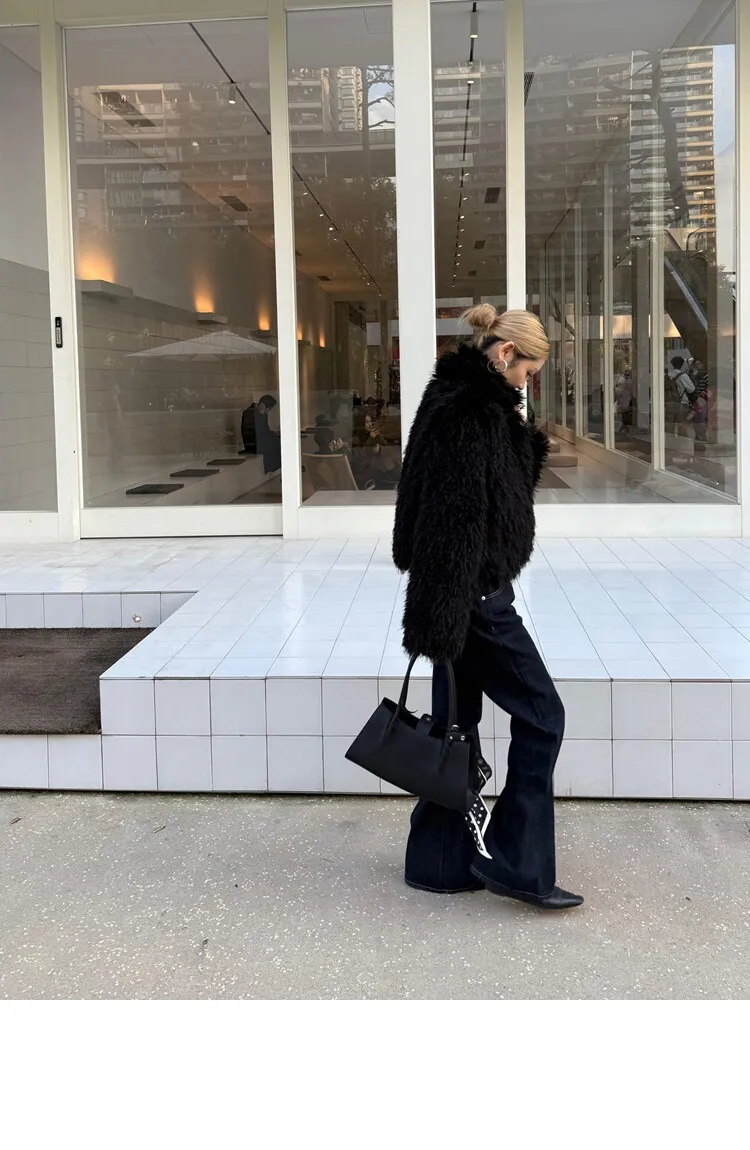 Winter Women Black Hairy Curly Faux Sheep Fur Coat Lapel Collar Long Sleeve Straight Short Warm Shaggy Jacket Korea Outerwear