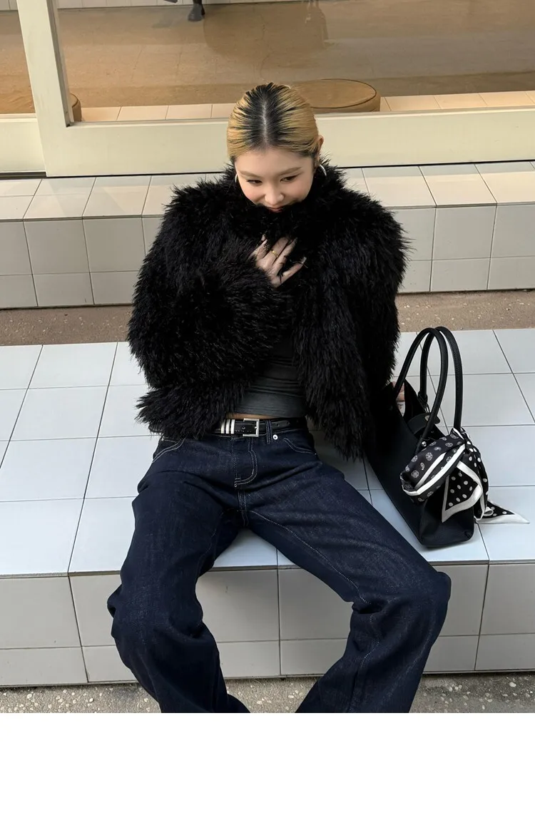 Winter Women Black Hairy Curly Faux Sheep Fur Coat Lapel Collar Long Sleeve Straight Short Warm Shaggy Jacket Korea Outerwear