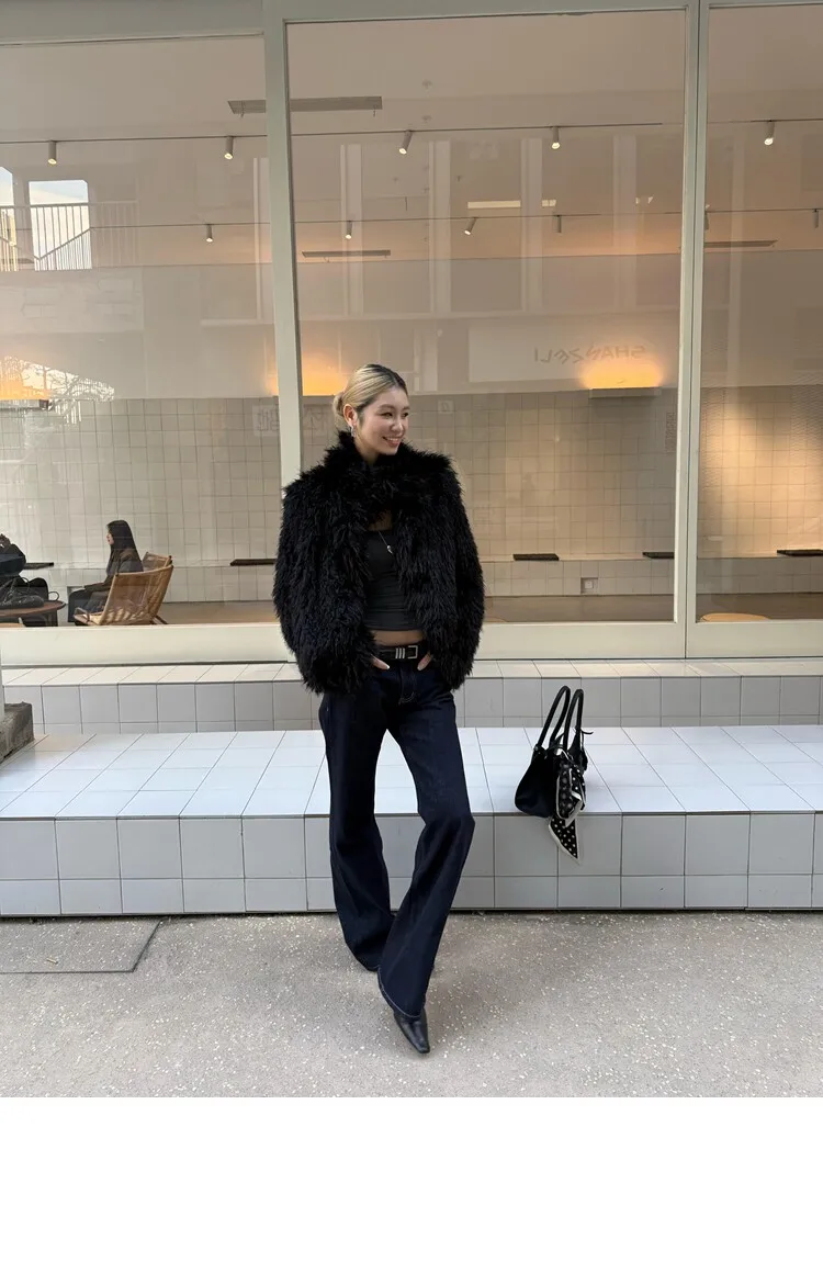 Winter Women Black Hairy Curly Faux Sheep Fur Coat Lapel Collar Long Sleeve Straight Short Warm Shaggy Jacket Korea Outerwear