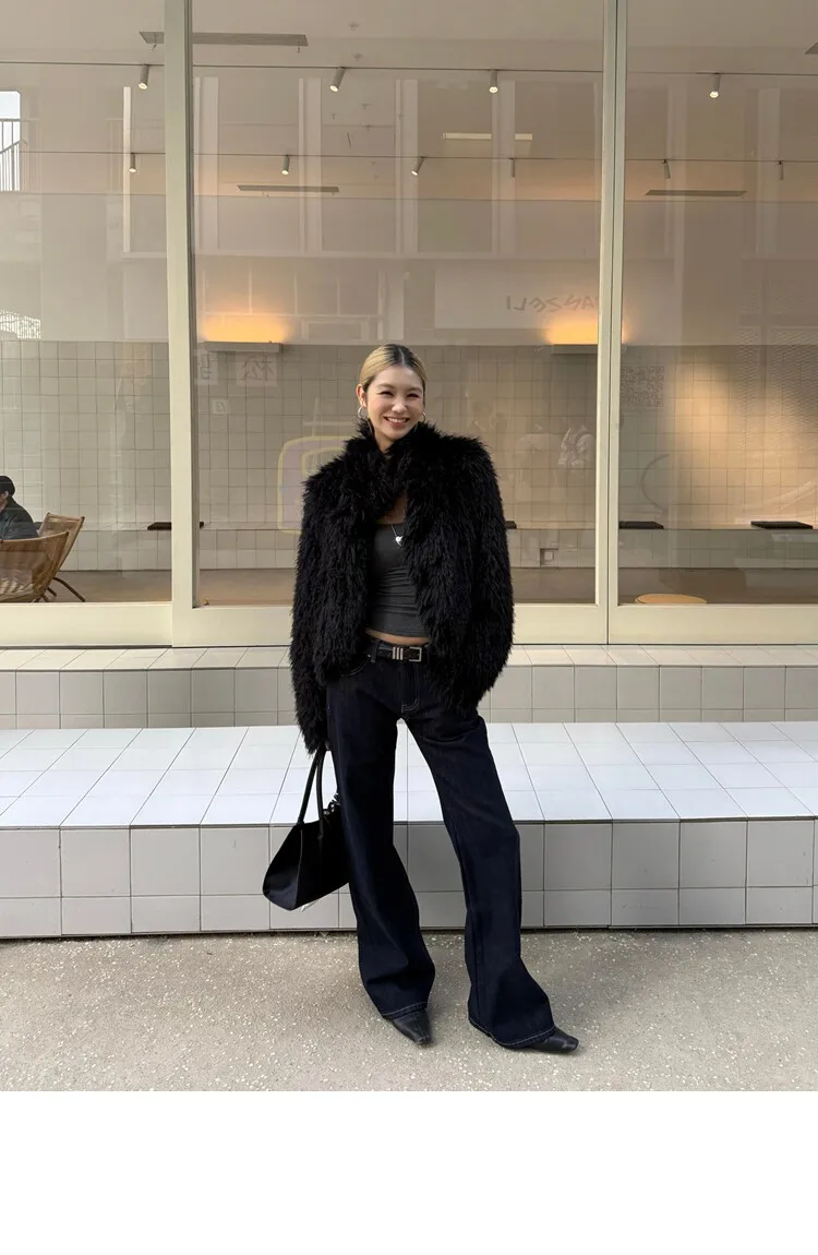 Winter Women Black Hairy Curly Faux Sheep Fur Coat Lapel Collar Long Sleeve Straight Short Warm Shaggy Jacket Korea Outerwear