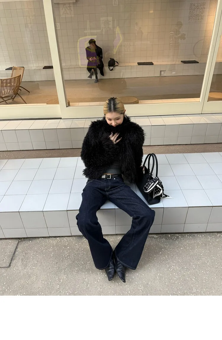 Winter Women Black Hairy Curly Faux Sheep Fur Coat Lapel Collar Long Sleeve Straight Short Warm Shaggy Jacket Korea Outerwear