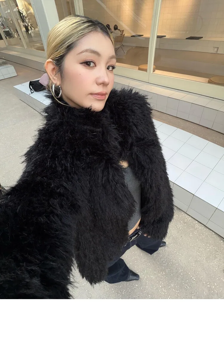 Winter Women Black Hairy Curly Faux Sheep Fur Coat Lapel Collar Long Sleeve Straight Short Warm Shaggy Jacket Korea Outerwear