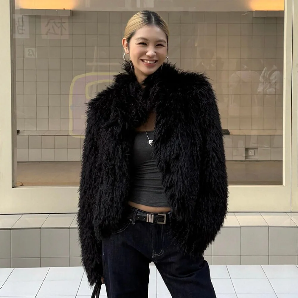 Winter Women Black Hairy Curly Faux Sheep Fur Coat Lapel Collar Long Sleeve Straight Short Warm Shaggy Jacket Korea Outerwear