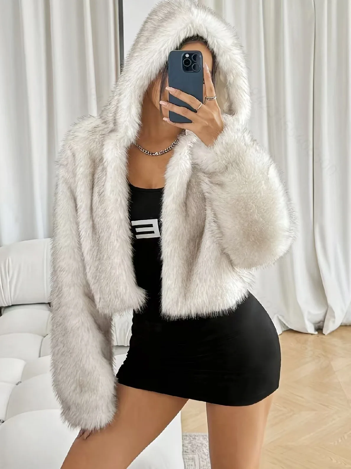 Fashion Women's Hooded Faux Fur Coat Autumn Winter 2026 Warm Fluffy Short Jacket Female Loose Long Sleeve Plush Outerwear