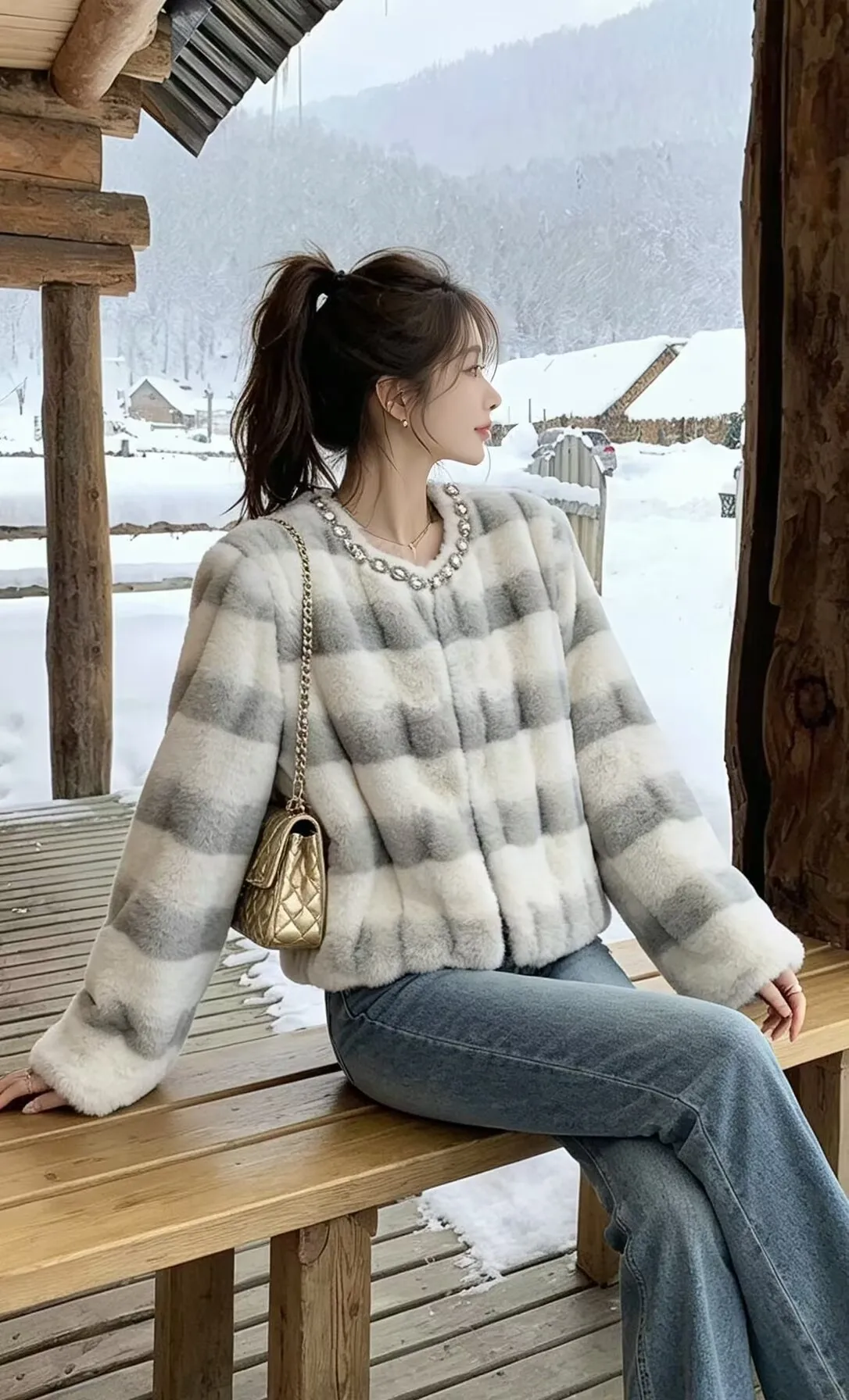 SMTHMA Faux Fur Coat Women Jacket Luxury Diamond O-Neck Coat Women Winter Soft Jacket Thick Warm Furry Fur Outwear Faux Fur Coat