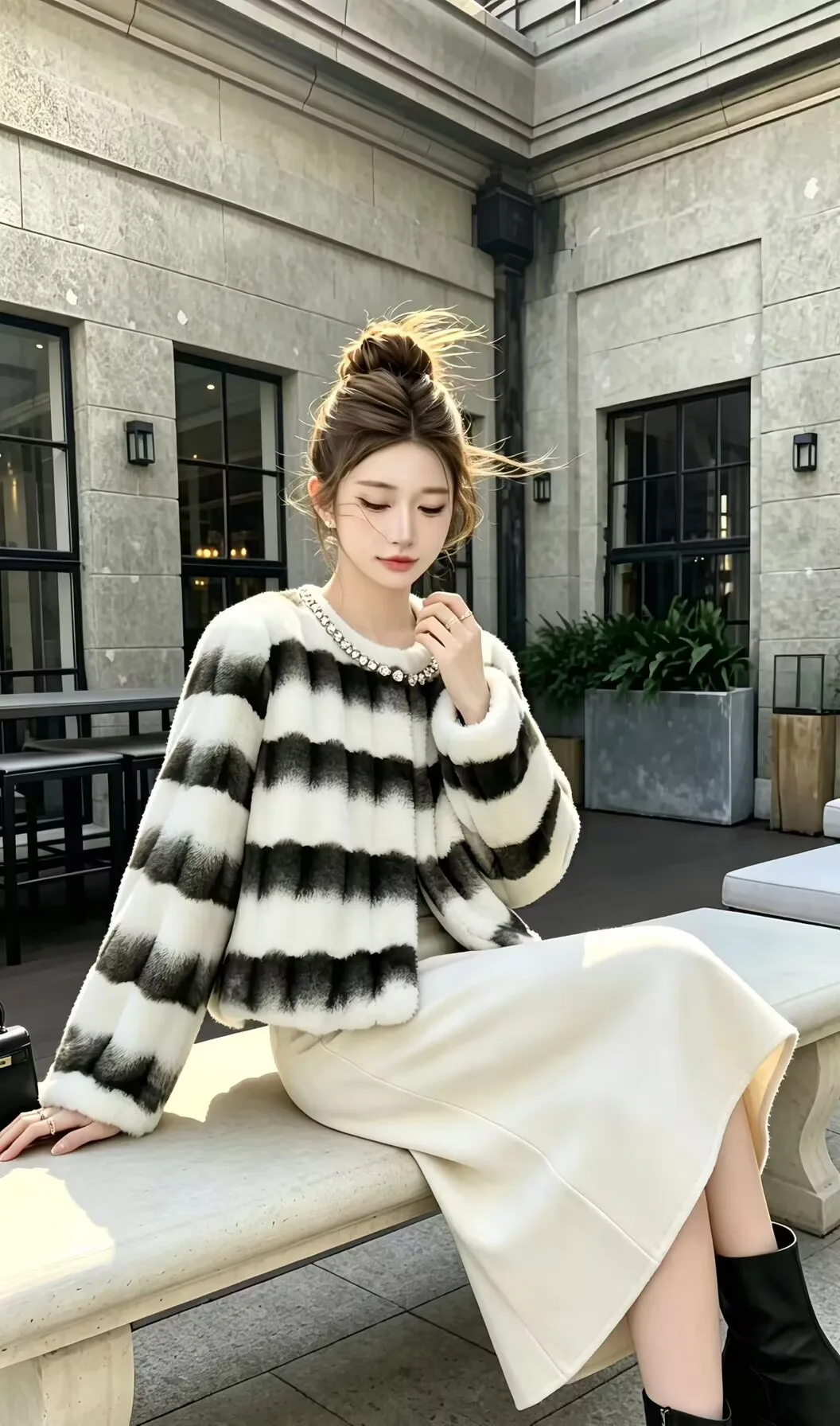 SMTHMA Faux Fur Coat Women Jacket Luxury Diamond O-Neck Coat Women Winter Soft Jacket Thick Warm Furry Fur Outwear Faux Fur Coat
